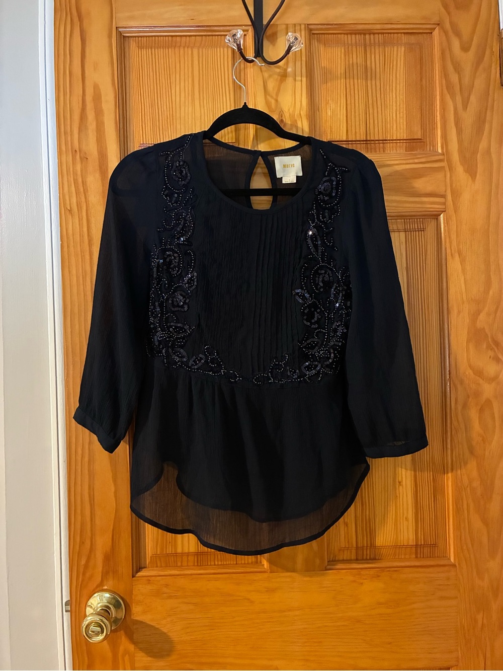 Maeve Navy Beaded Sheer Peasant Blouse